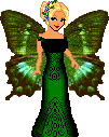 A 3-frame animated contact sheet showing a cartoon fairy character with blonde hair, green butterfly wings, and a long green dress in different poses against a gray background.