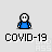 Pixel art animation of a blue-shirted figure with white hair and red circular objects, each frame labeled 'COVID-19' below.