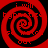 Four red spiral patterns on black background with pixelated text fragments visible within spirals.