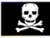 Pixelated white skull and crossbones on black background with thin border.