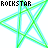 Two side-by-side pixelated star shapes with green and cyan lines, each labeled "ROCKSTAR" above; the right star has a red heart below it.