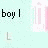 Pixelated icon with light blue background, pink vertical elements, and black text reading 'boy l', 'L o', 'HiM', and two heart symbols.