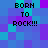 Pixelated of blue and purple squares with repeated text "BORN TO ROCK!!!" in black block letters