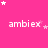 Pink background with white text 'ambieex' repeated in a , scattered white and pink stars, and a gray rectangle in the bottom-right corner