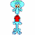 Pixelated cartoon character with light blue body, red chest patch, and large rounded head on white background.