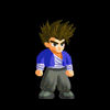Pixelated character in blue jacket and gray pants performs sequential actions against black background, including standing, punching, and emitting blue energy effects.