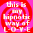 Four identical display white text on a red and pink spiral background with pixelated text reading 'this is my hypnotic way of L-O-V-E'