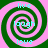 Four identical spiral patterns with green and pink stripes, each containing the words live, laugh, love in light blue text.
