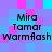 Pixelated text displays 'Mira Tamar Warmflash' in four identical quadrants on a blue-purple background with cyan and pink accents