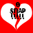 Red background with two white heart shapes, each containing a black figure and text; the left heart's figure has visible motion blur.