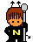 Pixel art character with brown hair and black outfit holding a pole, yellow 'N' on chest, two variations show different hand positions.