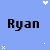 Pixelated blue background with repeated 'Ryan' text in black and white, scattered small white symbols like hearts and crosses.