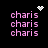 Pixelated pink text 'charis' repeated three times per on black background, with white pixel heart and starburst animations above