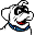 Pixelated cartoon character with white body, black facial features, red mouth, blue accents, and a curved tail on gray background.