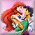 Pixelated image of two characters embracing, one with long red hair and green dress, the other with dark hair and yellow top, against pink background.