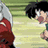 A 2x2 contact sheet of a pixelated anime-style animation featuring two characters and green text on red backgrounds, with one frame showing motion blur.