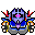 Pixel art character with purple head, pink star eyes, red horns, blue torso, and yellow chest light in multiple poses.