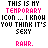 Pixelated text reads 'THIS IS MY TEMPORARY ICON ... I KNOW YOU THINK IT'S SEXY' with 'TEMPORARY' and 'RAWR.' in pink, on white background.
