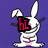 Pixelated white rabbit with pink accents on purple background, displaying text overlays in two states.