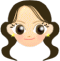 Pixelated cartoon face with long brown hair, yellow earrings, and two expressions: open eyes with large pupils on left, closed eyes with curved lashes on right.