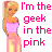 Pixelated cartoon-style icon of a blonde woman in pink attire with bold pink text reading "I'm the geek in the pink" on white background.