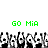 Green pixelated text 'GO MIA' appears above a repeating black-and-white pixel art pattern of stylized figures with raised arms.