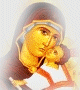 Golden-toned religious icon of a woman holding a child, rendered in pixelated style with soft background gradient.