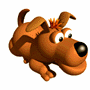 Brown cartoon dog with black nose and white eyes, small orange tuft on head, in multiple poses showing movement from left to right.