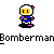 Pixel art character with yellow face, white helmet, blue torso, pink limbs standing on black base against gray background.