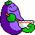 Pixelated purple eggplant character with green stem and leaf, holding white bowl with red patterned rim, eating noodles with brown chopsticks.