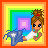 A 3x3 contact sheet of an animated AIM buddy icon featuring a pixelated cartoon girl with brown hair in a bun, wearing a white top and green undershirt, holding a blue star-shaped object against a rainbow striped background with the word "HAPPY" at the top.