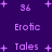 Purple background with pixelated text and plus signs; 'Erotic' appears multiple times, 'Tales' is present in some frames, numbers '36' are visible near the top corners.