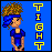 Pixelated character with brown afro hair and blue headband, wearing blue outfit against solid blue background; vertical yellow text 'TIGHT' on right.