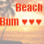 Beach Bum text with three red hearts over a beach sunset background featuring palm trees and ocean waves.