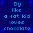 Blue pixelated text on dark blue background with small star shapes, repeating 'Ily like a fat kid loves chocolate' in two
