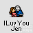 Pixel art of two figures embracing, one in pink dress with brown hair and the other in blue jacket with white mask; text below reads 'ILuv You Jen' on gray background.