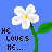 A 3x3 grid of pixel art frames showing a white flower with green stem and leaves changing state across nine sampled animation frames, each paired with text about romantic uncertainty against a solid blue background.