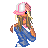 Pixel art buddy icon featuring a cartoon girl with long brown hair wearing a pink and white cap, blue jeans, and an orange top, surrounded by pink text on a transparent background.