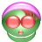 Green circular face with large red eyes, pink mouth, and purple headband against gray background.