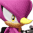 Pixelated character with magenta hair, yellow eyes, and a brown beak-like mouth against gray background.