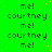 Green background with repeating text 'me!' and 'courtney' in black pixelated font, scattered yellow dots.