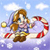 Pixelated character with long brown hair holds a red-and-white striped candy cane against a light blue sky with white clouds.