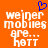 Orange background with white pixelated text reading "weiner mobiles are... hett" and a blue heart symbol above the text.