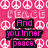 Pixelated pink background with white peace symbols and repeated 'PEACE' text, overlaid by black rectangular blocks containing purple pixelated text.