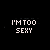 Pixelated image with black background displaying text 'I'M TOO SEXY FOR MY SHIRT' and a shirtless person holding a microphone.