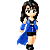 Pixel art contact sheet showing six frames of a female character in blue outfit with black shorts and boots, animated hair movement across frames on gray background.