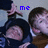Two people in a selfie pose with one person raising their hand, blue text 'me' above them on a pixelated background.