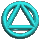 Cyan circular and oval shapes with triangular cutouts rotate through multiple orientations against a gray background.