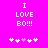 Bright pink background with white pixelated text "I LOVE BO!!!" and a of five heart symbols below, where the third heart is light purple