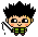 Pixel art character with spiky black hair, peach skin, and green checkered shirt holding a black whip-like object.